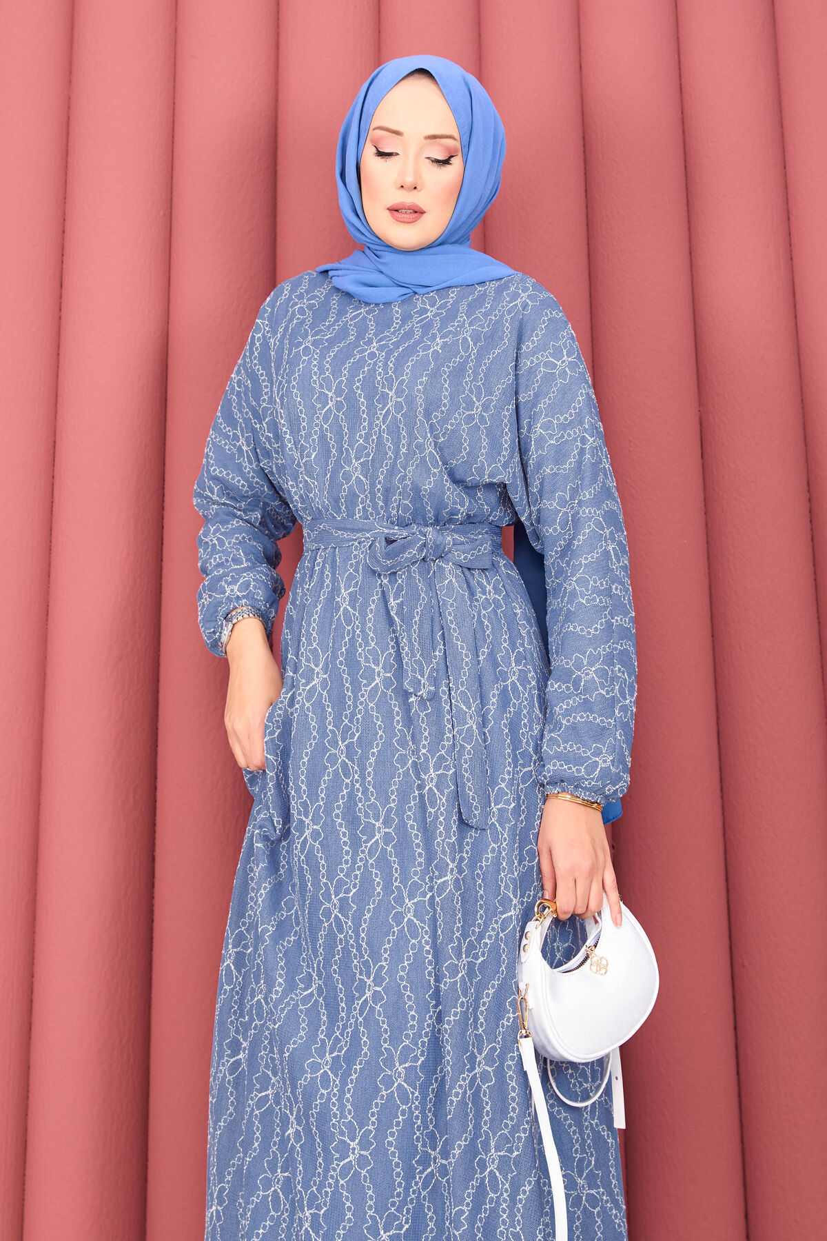 Textured Lace Wrap Dress with Removable Belt for Modest Wear Indigo - Imagen 6