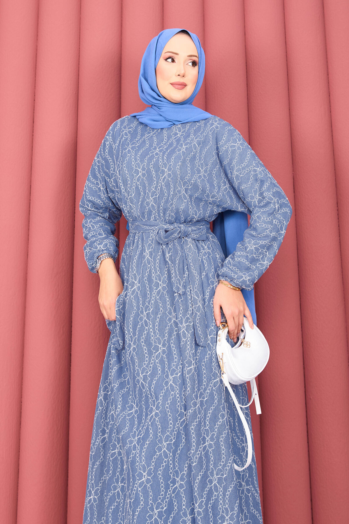Textured Lace Wrap Dress with Removable Belt for Modest Wear Indigo - Imagen 2