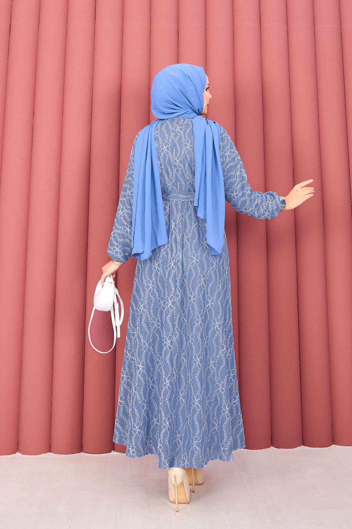 Textured Lace Wrap Dress with Removable Belt for Modest Wear Indigo - Imagen 7