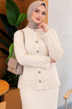 Alternative view of Lace-Embroidered Stone-Buttoned Two-Piece Outfit with Hem Edge Beige