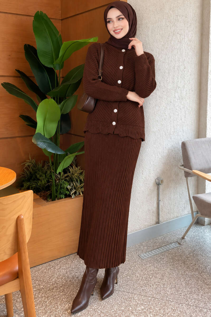 Gold Buckle Detailing French Terry Two-Piece Set Brown – Bild 5