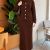 Lace-Embroidered Stone-Buttoned Two-Piece Outfit with Hem Edge Brown - Image 2