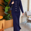 Lace-Embroidered Stone-Buttoned Two-Piece Outfit with Hem Edge Navy Blue