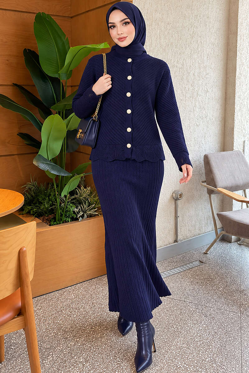 Lace-Embroidered Stone-Buttoned Two-Piece Outfit with Hem Edge Navy Blue