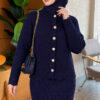 Lace-Embroidered Stone-Buttoned Two-Piece Outfit with Hem Edge Navy Blue - Imagen 2