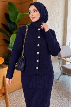 Alternative view of Lace-Embroidered Stone-Buttoned Two-Piece Outfit with Hem Edge Navy Blue