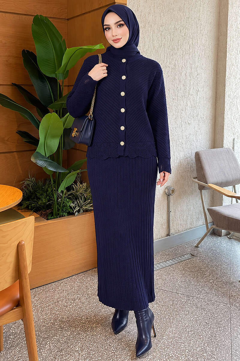 Lace-Embroidered Stone-Buttoned Two-Piece Outfit with Hem Edge Navy Blue - Imagen 3