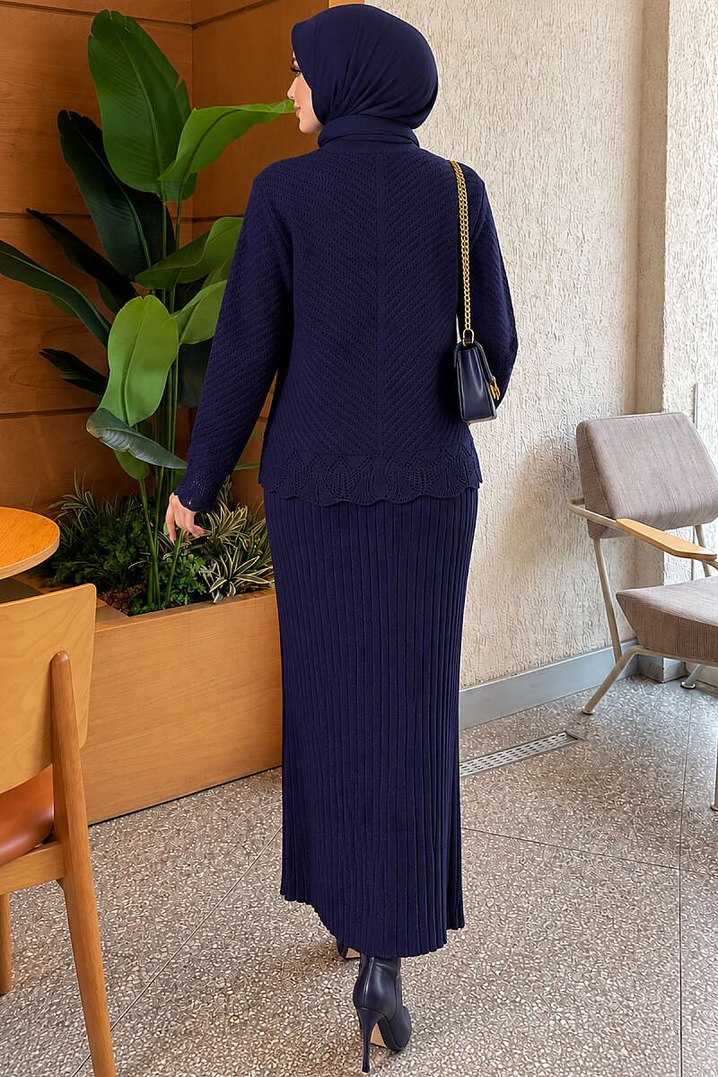 Lace-Embroidered Stone-Buttoned Two-Piece Outfit with Hem Edge Navy Blue - Imagen 4