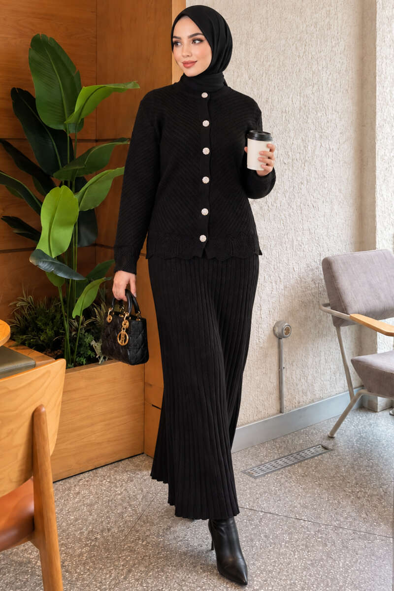 Gold Buckle Detailing French Terry Two-Piece Set Black – Bild 5
