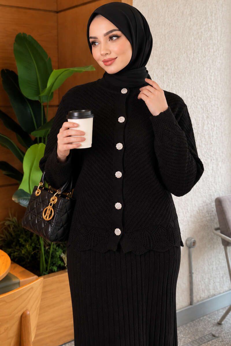 Lace-Embroidered Stone-Buttoned Two-Piece Outfit with Hem Edge Black - Afbeelding 2