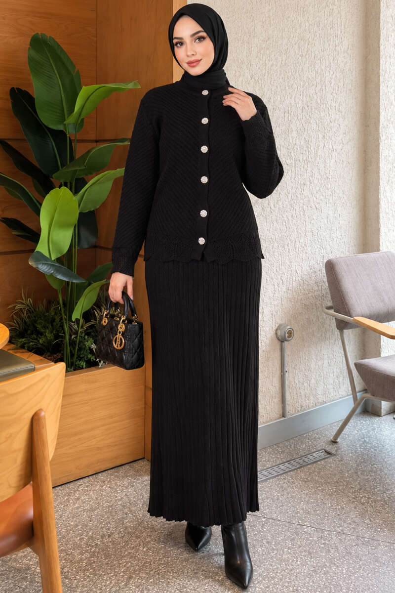 Lace-Embroidered Stone-Buttoned Two-Piece Outfit with Hem Edge Black - Afbeelding 3