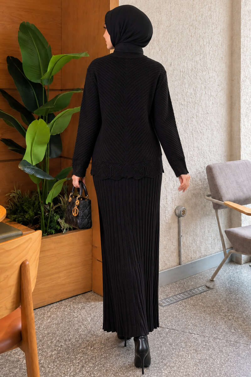 Lace-Embroidered Stone-Buttoned Two-Piece Outfit with Hem Edge Black - Afbeelding 4