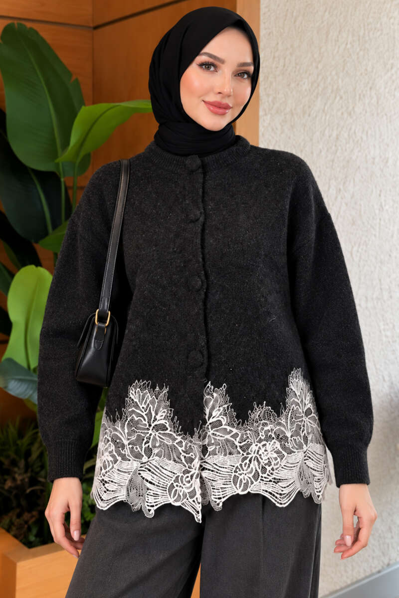 Lace-Embroidered Knit Cardigan Anthracite