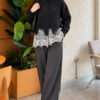 Lace-Embroidered Knit Cardigan Anthracite - الصورة 2