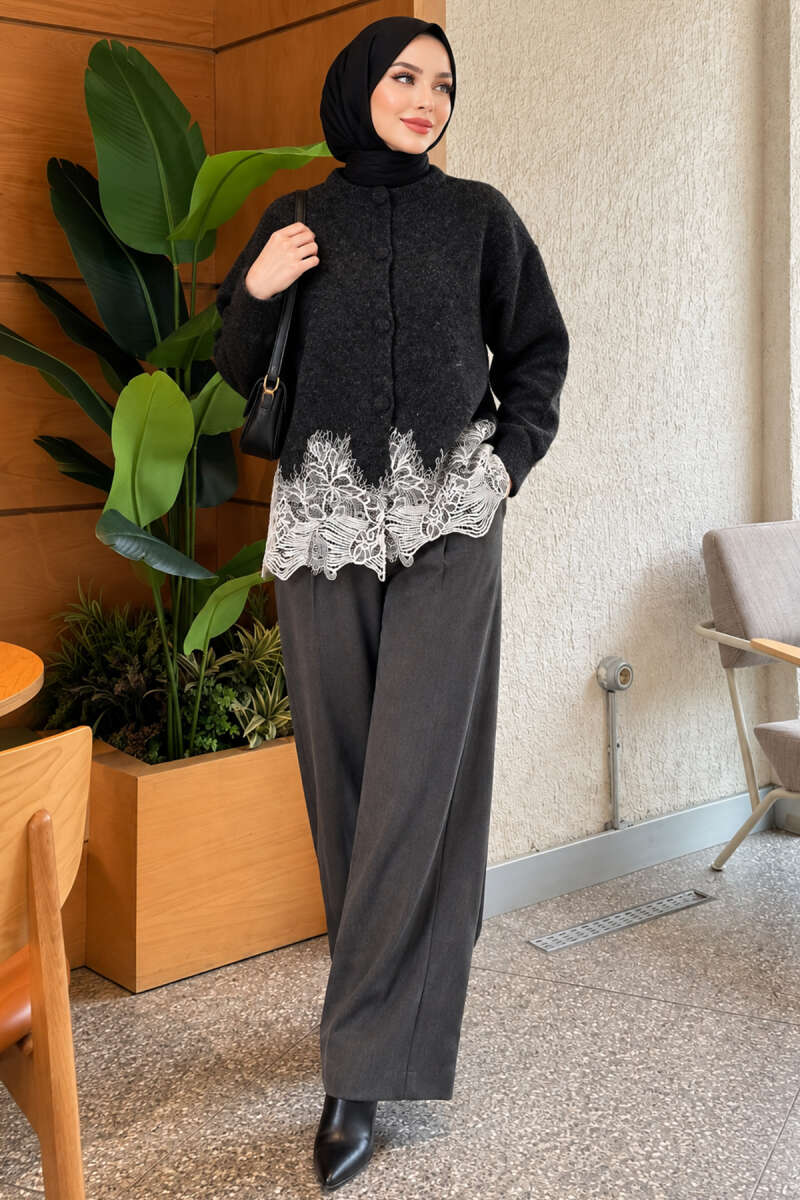 Lace-Embroidered Knit Cardigan Anthracite - الصورة 2