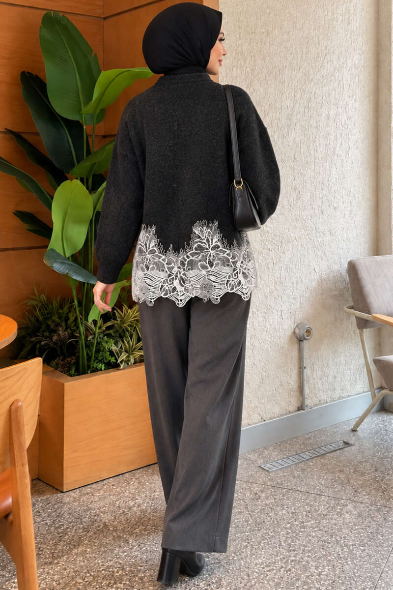 Lace-Embroidered Knit Cardigan Anthracite - الصورة 4