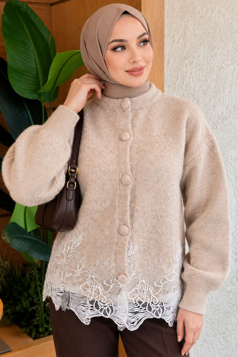 Lace-Embroidered Knit Cardigan Beige