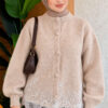 Lace-Embroidered Knit Cardigan Beige - الصورة 3