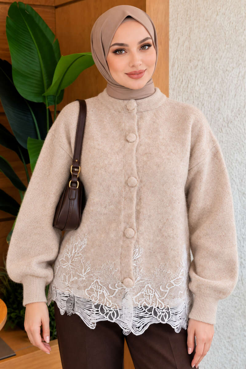 Lace-Embroidered Knit Cardigan Beige - الصورة 3