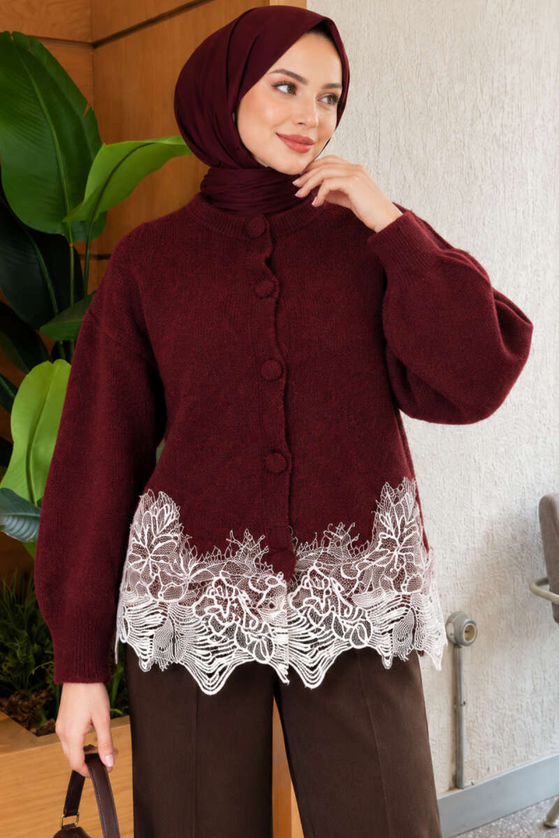 Lace-Embroidered Knit Cardigan Burgundy
