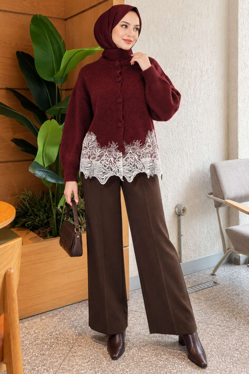 Lace-Embroidered Knit Cardigan Burgundy - الصورة 2
