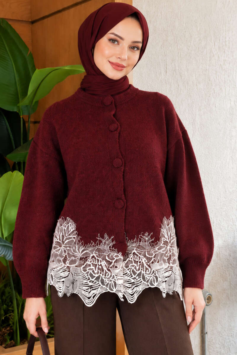 Lace-Embroidered Knit Cardigan Burgundy - الصورة 3