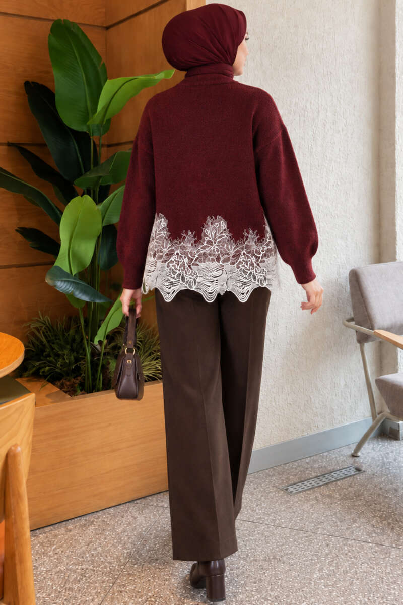 Lace-Embroidered Knit Cardigan Burgundy - الصورة 4