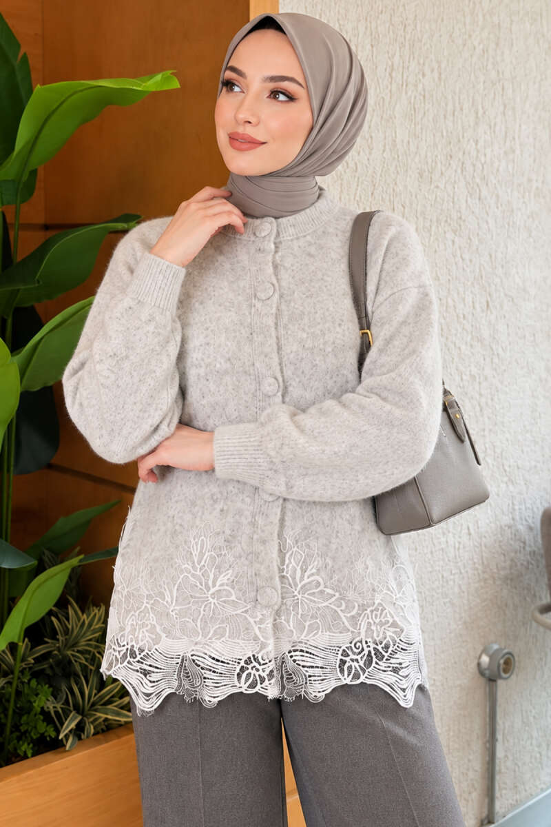 Lace-Embroidered Knit Cardigan Grey