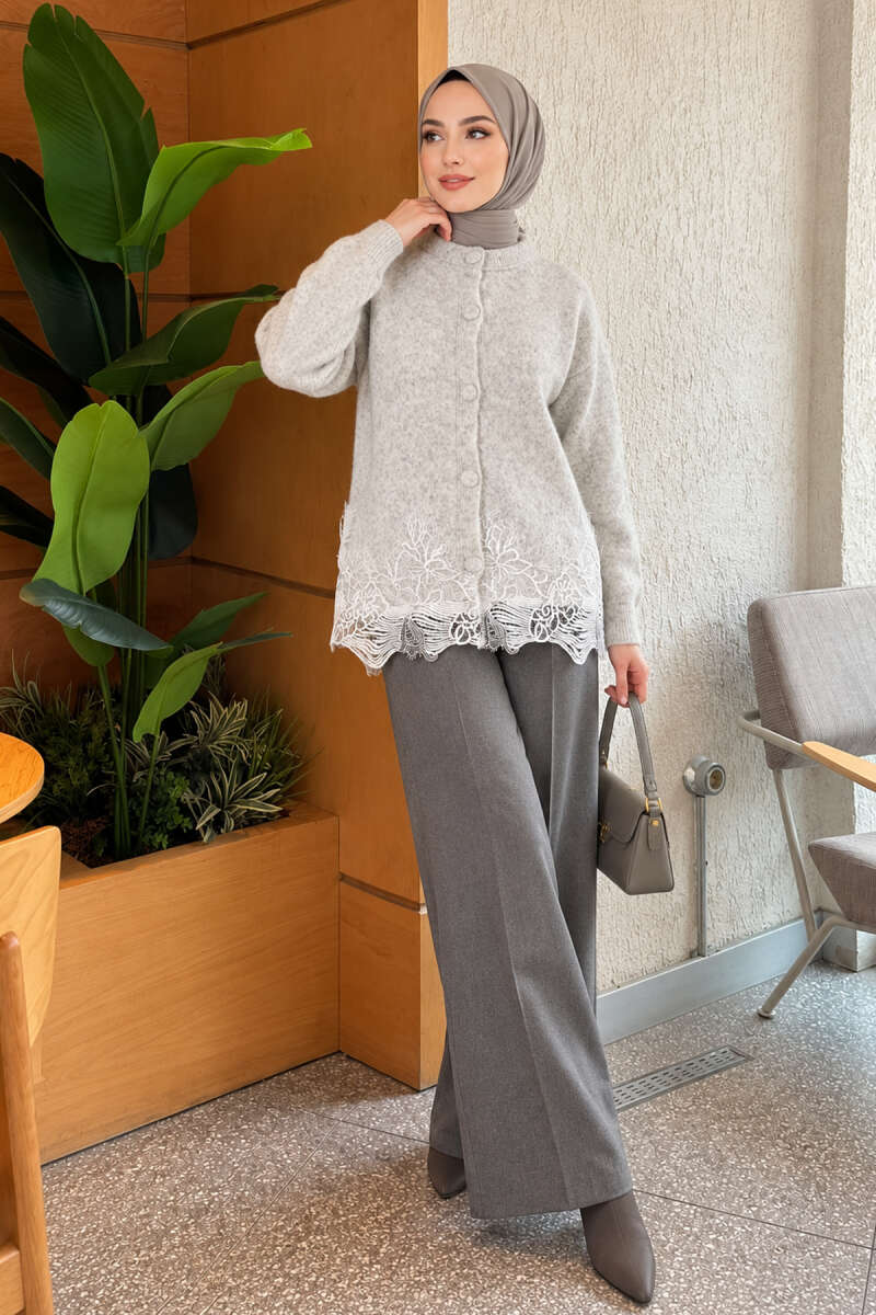 Lace-Embroidered Knit Cardigan Grey – Bild 2