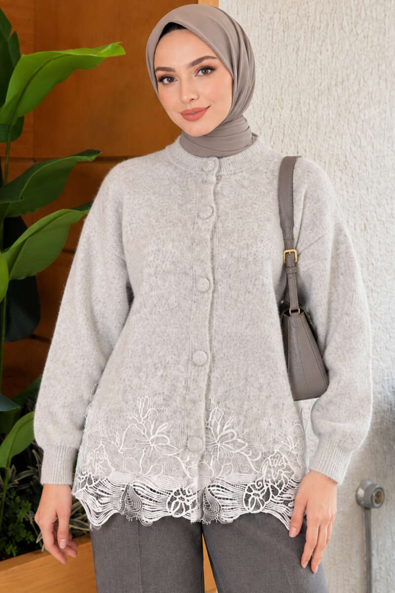 Lace-Embroidered Knit Cardigan Grey – Bild 3