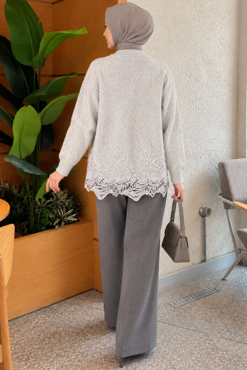 Lace-Embroidered Knit Cardigan Grey – Bild 4