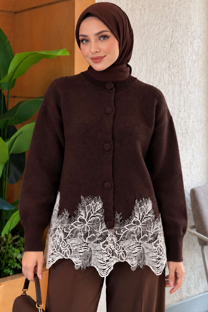 Lace-Embroidered Knit Cardigan Brown