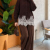 Lace-Embroidered Knit Cardigan Brown - Imagen 2