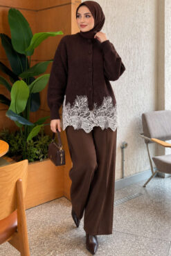 Alternative view of Lace-Embroidered Knit Cardigan Brown