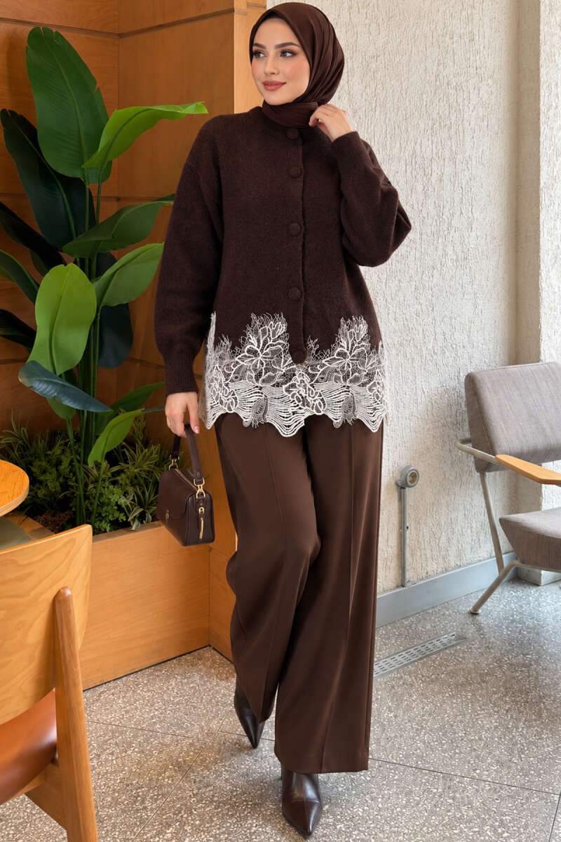 Lace-Embroidered Knit Cardigan Brown - Imagen 2