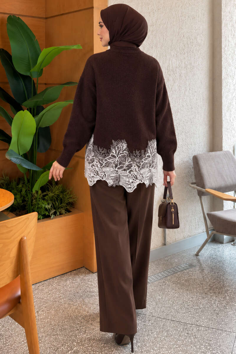 Lace-Embroidered Knit Cardigan Brown - Imagen 4