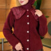 Lace-Collared Buttoned Beard-Patterned Cardigan Burgundy