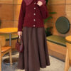 Lace-Collared Buttoned Beard-Patterned Cardigan Burgundy - Imagen 2