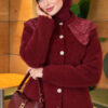 Lace-Collared Buttoned Beard-Patterned Cardigan Burgundy - Imagen 3