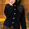 Lace-Collared Buttoned Beard-Patterned Cardigan Black - Imagen 3