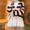 Lace-Trimmed Striped French Terry Sweater with Gathered Sleeves Beige – Bild 4