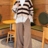 Lace-Trimmed Striped French Terry Sweater with Gathered Sleeves Beige – Bild 2