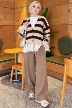 Alternative view of Lace-Trimmed Striped French Terry Sweater with Gathered Sleeves Beige
