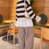 Lace-Trimmed Striped French Terry Sweater with Gathered Sleeves Beige – Bild 3