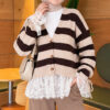 Lace-Trimmed Striped French Terry Sweater with Gathered Sleeves Beige