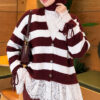 Lace-Trimmed Striped French Terry Sweater with Gathered Sleeves Burgundy