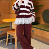 Lace-Trimmed Striped French Terry Sweater with Gathered Sleeves Burgundy – Image 3