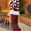Lace-Trimmed Striped French Terry Sweater with Gathered Sleeves Burgundy – Image 4