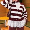 Lace-Trimmed Striped French Terry Sweater with Gathered Sleeves Burgundy – Image 2