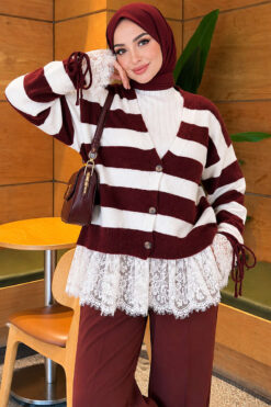 Alternative view of Lace-Trimmed Striped French Terry Sweater with Gathered Sleeves Burgundy